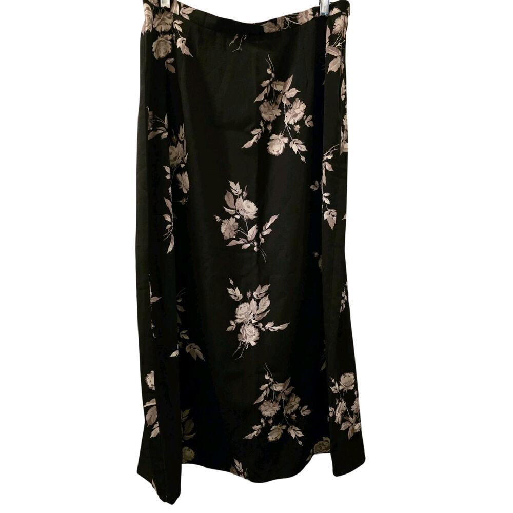 Vintage Kathie Lee Womens Silky Black Dark Floral A-Line Midi Skirt 14 Romantic